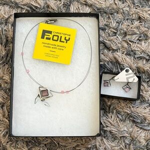 New ! Silver and Pink Handmade Geometric Necklace and Earrings Set